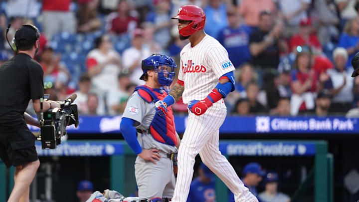 Apr 14, 2026; Philadelphia, Pennsylvania, USA; Philadelphia Phillies infielder Edmundo Sosa (33) reacts after hitting a three-run home run against the Chicago Cubs in the second inning at Citizens Bank Park. Mandatory Credit: Kyle Ross-Imagn Images
