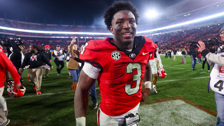 Nov 16, 2024; Athens, Georgia, USA; Georgia Bulldogs running back Nate Frazier (3) celebrates after a victory over the Tennessee Volunteers at Sanford Stadium. Mandatory Credit: Brett Davis-Imagn Images
