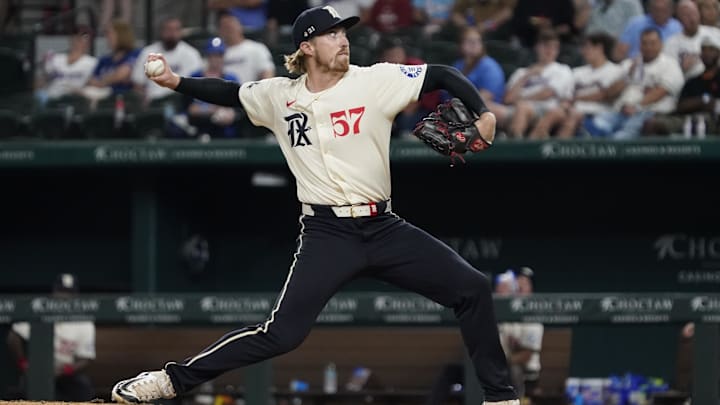 Jul 19, 2024; Arlington, Texas, USA; Texas Rangers pitcher Daniel Robert (57) throws to the plate during the eighth inning against the Baltimore Orioles at Globe Life Field.