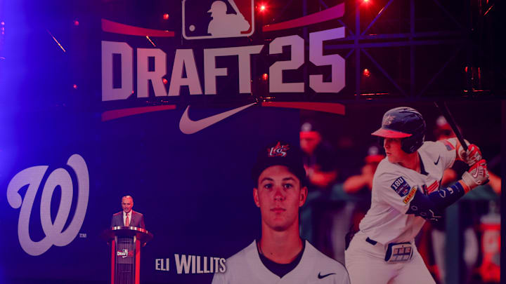 Jul 13, 2025; Atlanta, GA, USA; Eli Willits is drafted by the Washington Nationals with the first pick during the first round of the MLB Draft at The Coca-Cola Roxy. 