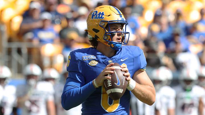 Sep 26, 2026; Pittsburgh, Pennsylvania, USA;  Pittsburgh Panthers quarterback Mason Heintschel (6) looks to pass against the Bucknell Bison during the second quarter at Acrisure Stadium.  Mandatory Credit: Charles LeClaire-Imagn Images