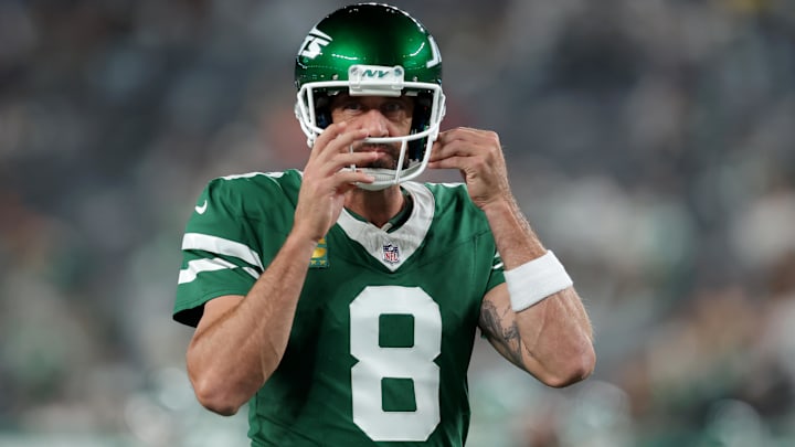 Sep 19, 2024; East Rutherford, New Jersey, USA; New York Jets quarterback Aaron Rodgers (8) warms up before a game against the New England Patriots at MetLife Stadium. Mandatory Credit: Brad Penner-Imagn Images