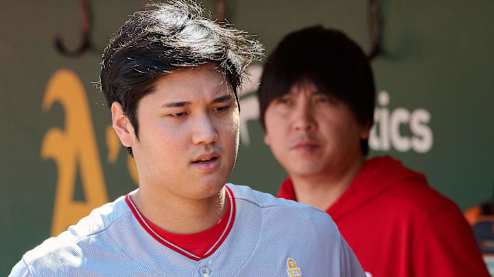 Sep 3, 2023; Oakland, California, USA; Los Angeles Angels designated hitter Shohei Ohtani (17) and