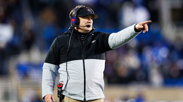 Nov 19, 2022; Lexington, Kentucky, USA; Georgia Bulldogs head coach Kirby Smart points during the game against the Kentucky Wildcats at Kroger Field. Mandatory Credit: Jordan Prather-Imagn Images