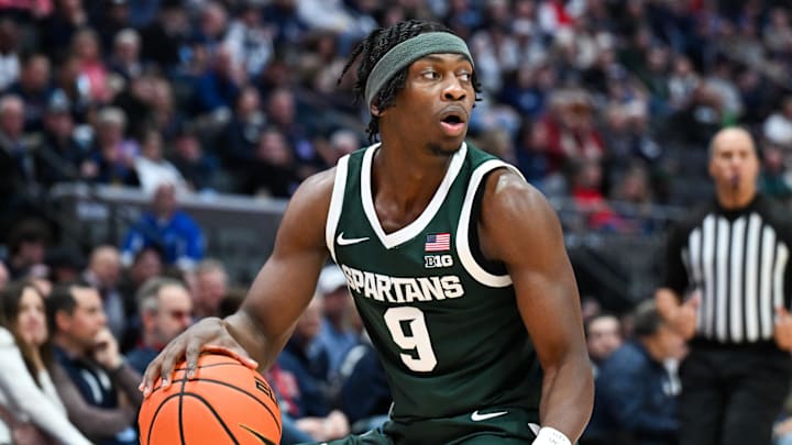 Oct 28, 2025; Hartford, CT, USA; Michigan State Spartans guard Trey Fort (9) runs with the ball during the first half against the Connecticut Huskies at PeoplesBank Arena. Mandatory Credit: Mark Smith-Imagn Images Oct 28, 2025; Hartford, CT, USA; Michigan State Spartans guard Trey Fort (9) runs with the ball during the first half against the Connecticut Huskies at PeoplesBank Arena. Mandatory Credit: Mark Smith-Imagn Images