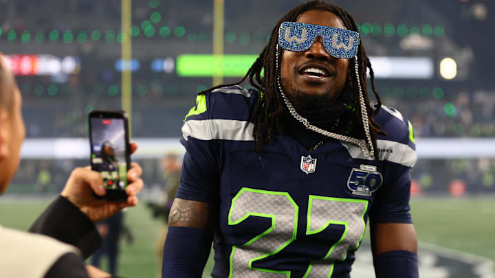 Seattle Seahawks cornerback Riq Woolen (27) celebrates following an NFC Divisional Round game.