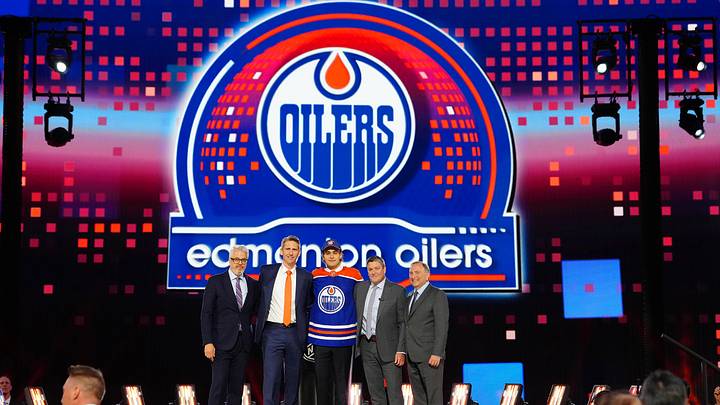 Jun 28, 2024; Las Vegas, Nevada, USA; Sam O'Reilly is selected by the Edmonton Oilers with the 32nd overall pick in the first round of the 2024 NHL Draft at The Sphere. Mandatory Credit: Stephen R. Sylvanie-Imagn Images