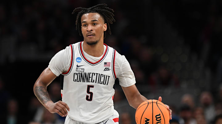 Mar 28, 2024; Boston, MA, USA; Connecticut Huskies guard Stephon Castle (5) dribbles the ball