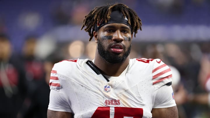 Dec 22, 2025; Indianapolis, Indiana, USA; San Francisco 49ers defensive end Bryce Huff (47) leaves the field after the game against the Indianapolis Colts at Lucas Oil Stadium. Mandatory Credit: Trevor Ruszkowski-Imagn Images Dec 22, 2025; Indianapolis, Indiana, USA; San Francisco 49ers defensive end Bryce Huff (47) leaves the field after the game against the Indianapolis Colts at Lucas Oil Stadium. Mandatory Credit: Trevor Ruszkowski-Imagn Images