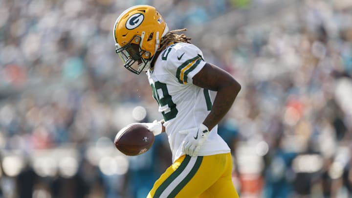 Oct 27, 2024; Jacksonville, Florida, USA; Green Bay Packers safety Xavier McKinney (29) celebrates an interception against the Jacksonville Jaguars during the second quarter at EverBank Stadium. Mandatory Credit: Morgan Tencza-Imagn Images