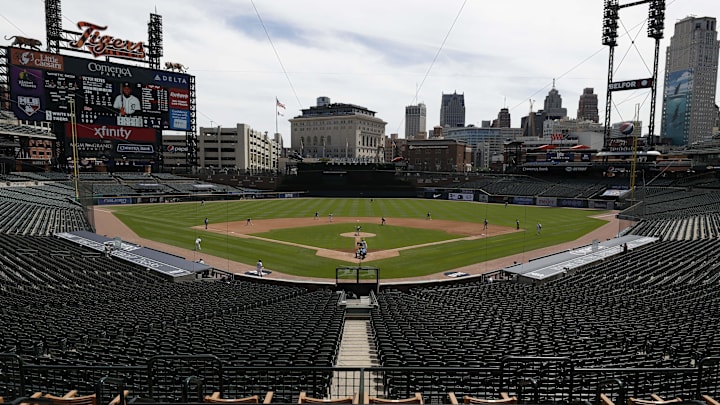 Aug 12, 2020; Detroit, Michigan, USA; A wide veiw from behind home plate as Chicago White Sox starting pitcher Dylan Cease (84) pitches to Detroit Tigers right fielder Victor Reyes (22) during the fourth inning at Comerica Park. Aug 12, 2020; Detroit, Michigan, USA; A wide veiw from behind home plate as Chicago White Sox starting pitcher Dylan Cease (84) pitches to Detroit Tigers right fielder Victor Reyes (22) during the fourth inning at Comerica Park.