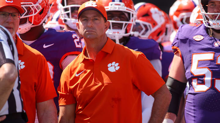 Sep 13, 2025; Atlanta, Georgia, USA; Clemson Tigers head coach Dabo Swinney prepares to run on the field with his team before a game against the Georgia Tech Yellow Jackets at Bobby Dodd Stadium at Hyundai Field. Mandatory Credit: Brett Davis-Imagn Images