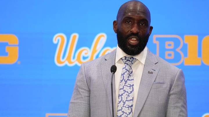 Jul 24, 2025; Las Vegas, NV, USA; UCLA head coach DeShaun Foster speaks to the media during the Big Ten NCAA college football media days at Mandalay Bay Resort. Mandatory Credit: Lucas Peltier-Imagn Images