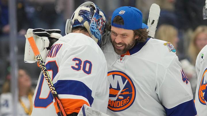 Oct 17, 2026; Toronto, Ontario, CAN; New York Islanders goaltender Semyon Varlamov (40) and goaltender Ilya Sorokin (30) celebrate a win over the Toronto Maple Leafs at Scotiabank Arena. Mandatory Credit: John E. Sokolowski-Imagn Images Oct 17, 2026; Toronto, Ontario, CAN; New York Islanders goaltender Semyon Varlamov (40) and goaltender Ilya Sorokin (30) celebrate a win over the Toronto Maple Leafs at Scotiabank Arena. Mandatory Credit: John E. Sokolowski-Imagn Images