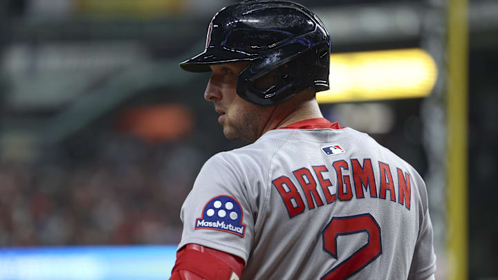 Aug 12, 2025; Houston, Texas, USA; Boston Red Sox third baseman Alex Bregman (2) stands on deck during the game against the Houston Astros at Daikin Park. Mandatory Credit: Troy Taormina-Imagn Images
