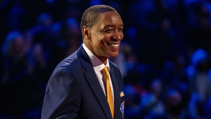 February 20, 2022; Cleveland, Ohio, USA; NBA great Isiah Thomas is honored for being selected to the NBA 75th Anniversary Team during halftime in the 2022 NBA All-Star Game at Rocket Mortgage FieldHouse. Mandatory Credit: Kyle Terada-USA TODAY Sports February 20, 2022; Cleveland, Ohio, USA; NBA great Isiah Thomas is honored for being selected to the NBA 75th Anniversary Team during halftime in the 2022 NBA All-Star Game at Rocket Mortgage FieldHouse. Mandatory Credit: Kyle Terada-USA TODAY Sports