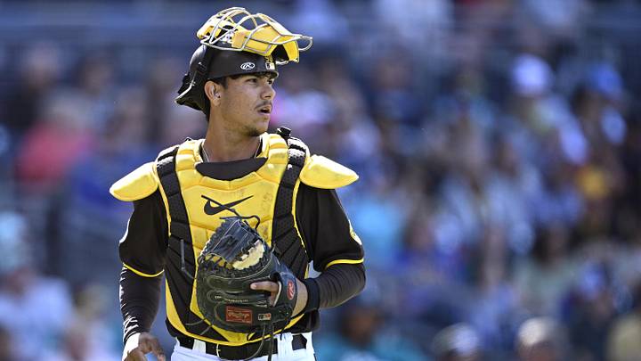 Mar 26, 2024; San Diego, California, USA; San Diego Padres catcher Ethan Salas (88) looks on during the eighth inning Seattle Mariners at Petco Park. Mandatory Credit: Orlando Ramirez-Imagn Images Mar 26, 2024; San Diego, California, USA; San Diego Padres catcher Ethan Salas (88) looks on during the eighth inning Seattle Mariners at Petco Park. Mandatory Credit: Orlando Ramirez-Imagn Images