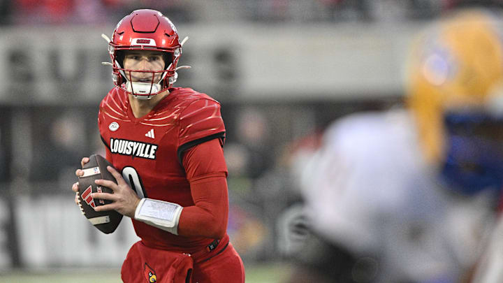 Nov 23, 2024; Louisville, Kentucky, USA; Louisville Cardinals quarterback Tyler Shough (9) looks to pass against the Pittsburgh Panthers during the first half at L&N Federal Credit Union Stadium. Mandatory Credit: Jamie Rhodes-Imagn Images Nov 23, 2024; Louisville, Kentucky, USA; Louisville Cardinals quarterback Tyler Shough (9) looks to pass against the Pittsburgh Panthers during the first half at L&N Federal Credit Union Stadium. Mandatory Credit: Jamie Rhodes-Imagn Images