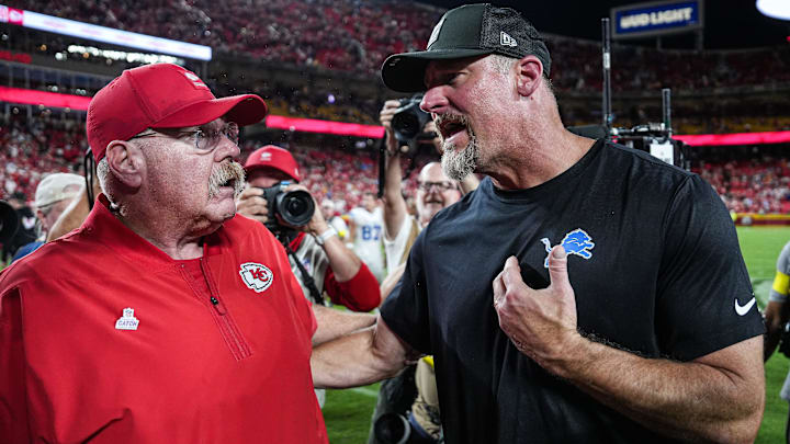Detroit Lions head coach Dan Campbell, right, talks to Kansas City Chiefs head coach Andy Reid after a 30-17 loss at Arrowhead Stadium in Kansas City, Missouri, on Sunday, Oct. 12, 2025.