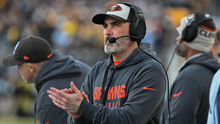 Dec 8, 2024; Pittsburgh, Pennsylvania, USA; Cleveland Browns head coach Kevin Stefanski reacts against the Pittsburgh Steelers during the fourth quarter at Acrisure Stadium. Mandatory Credit: Barry Reeger-Imagn Images