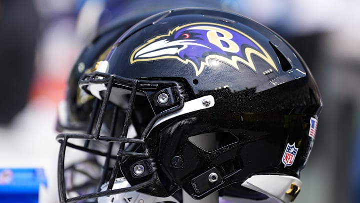 Aug 24, 2024; Green Bay, Wisconsin, USA;  General view of a Baltimore Ravens helmet prior to the game against the Green Bay Packers at Lambeau Field. Mandatory Credit: Jeff Hanisch-Imagn Images