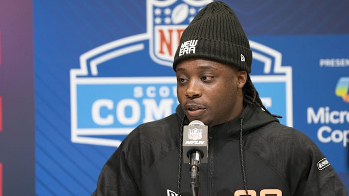 Rutgers running back Kyle Monangai talks to the press during the 2025 NFL Combine at Indiana Convention Center.