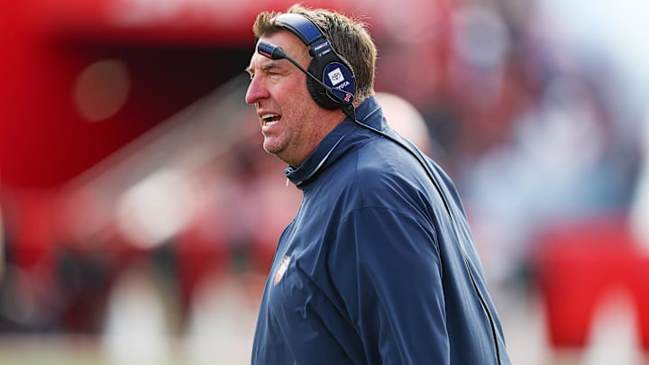 Nov 23, 2024; Piscataway, New Jersey, USA; Illinois Fighting Illini head coach Bret Bielema looks on during the first half against the Rutgers Scarlet Knights at SHI Stadium. Mandatory Credit: Vincent Carchietta-Imagn Images