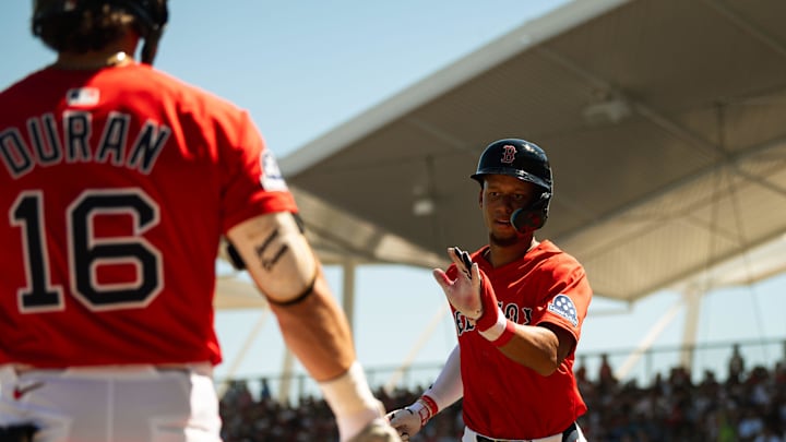Kristian Campbell comes off the field during a Red Sox Spring Training game on March 11, 2025, at JetBlue Park in Fort Myers, Florida.