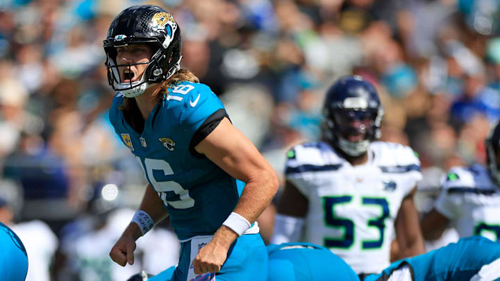 Jacksonville Jaguars quarterback Trevor Lawrence (16) calls a play during the second quarter of an NFL football matchup, Sunday, Oct. 12, 2025, at EverBank Stadium in Jacksonville, Fla. The Seahawks defeated the Jaguars 20-12.