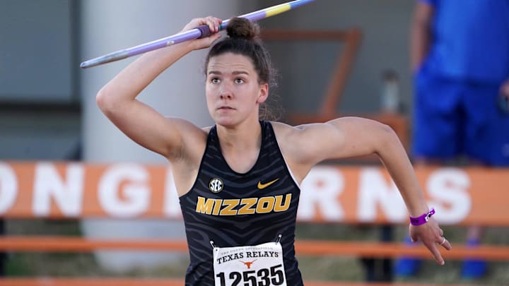 Mar 25, 2021; Austin, Texas; Skyler Ciccolini of Missouri places fourth in the women's javelin at 175-2 (53.39m) during the 93rd Clyde Littlefield Texas Relays at Mike A. Myers Stadium. Mandatory Credit: Kirby Lee-Imagn Images