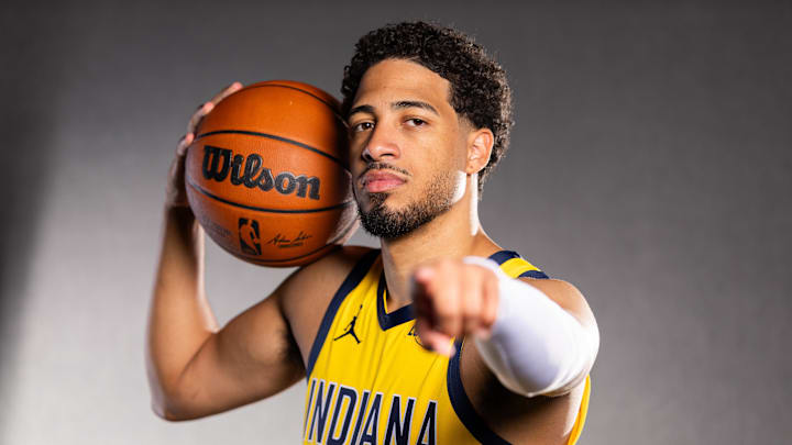 Sep 29, 2025; Indianapolis, IN, USA;  Indiana Pacers guard Tyrese Haliburton (0) poses for a photo during media day. Mandatory Credit: Trevor Ruszkowski-Imagn Images