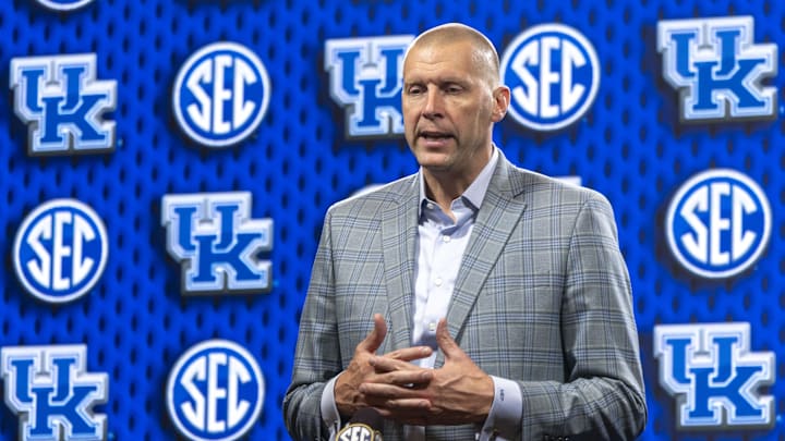 Oct 14, 2025; Birmingham, AL, USA; Kentucky Wildcats head coach Mark Pope talks with the media during SEC Media Days at Grand Bohemian Hotel. Mandatory Credit: Vasha Hunt-Imagn Images
