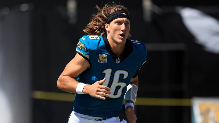Jacksonville Jaguars quarterback Trevor Lawrence (16) is introduced before an NFL football matchup at EverBank Stadium on Sunday, Sept. 27, 2026, in Jacksonville, Fla. 