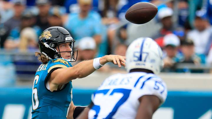 Jacksonville Jaguars quarterback Trevor Lawrence (16) passes the ball during the fourth quarter of an NFL football matchup Sunday, Oct. 6, 2024 at EverBank Stadium in Jacksonville, Fla. The Jaguars edged the Colts on a field goal 37-34. [Corey Perrine/Florida Times-Union]
