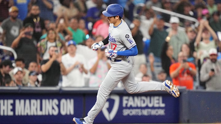 Los Angeles Dodgers designated hitter Shohei Ohtani (17) rounds third base after hitting a home run against the Miami Marlins in the sixth inning at loanDepot Park. 