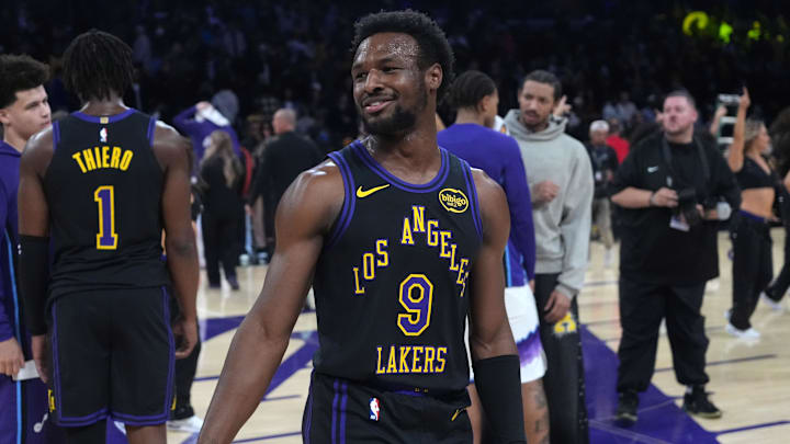 Nov 18, 2025; Los Angeles, California, USA; Los Angeles Lakers guard Bronny James (9) reacts after the game against the Utah Jazz at Crypto.com Arena. Mandatory Credit: Kirby Lee-Imagn Images