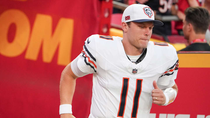 Aug 22, 2024; Kansas City, Missouri, USA; Chicago Bears quarterback Brett Rypien (11) runs onto the field against the Kansas City Chiefs prior to a game at GEHA Field at Arrowhead Stadium. Mandatory Credit: Denny Medley-Imagn Images