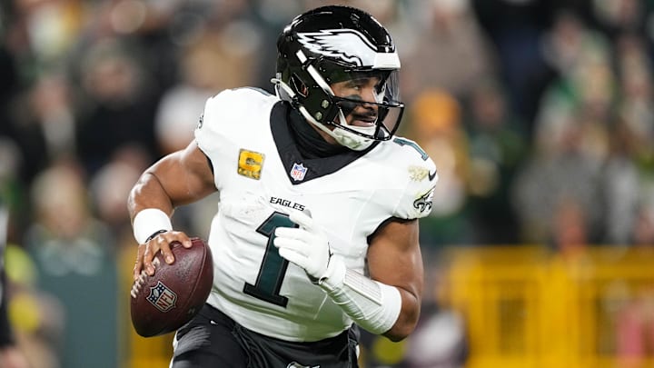 Nov 10, 2025; Green Bay, Wisconsin, USA;  Philadelphia Eagles quarterback Jalen Hurts (1) during the game against the Green Bay Packers at Lambeau Field. Mandatory Credit: Jeff Hanisch-Imagn Images