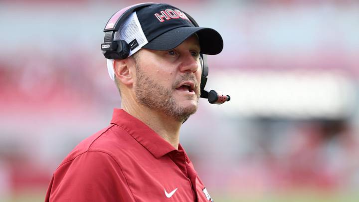 Arkansas Razorbacks head coach Ryan Silverfield looks on during the fourth quarter against the North Alabama Lions at Donald W. Reynolds Razorback Stadium. Arkansas won 31-14.