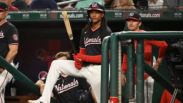 Jun 12, 2026; Washington, District of Columbia, USA;  Washington Nationals shortstop CJ Abrams (5) prepares to bat in the dugout against the Seattle Mariners during the first inning at Nationals Park. Mandatory Credit: Rafael Suanes-Imagn Images