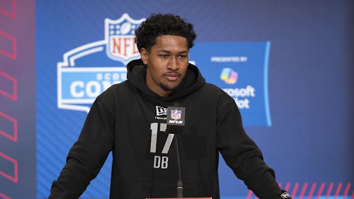 Feb 26, 2026; Indianapolis, IN, USA; San Diego State defensive back Chris Johnson (DB17) speaks to members of the media during the NFL Combine at the Indiana Convention Center. 