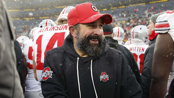 Nov 29, 2025; Ann Arbor, Michigan, USA; Ohio State Buckeyes defensive coordinator Matt Patricia celebrates after the game against the Michigan Wolverines at Michigan Stadium. Mandatory Credit: Rick Osentoski-Imagn Images