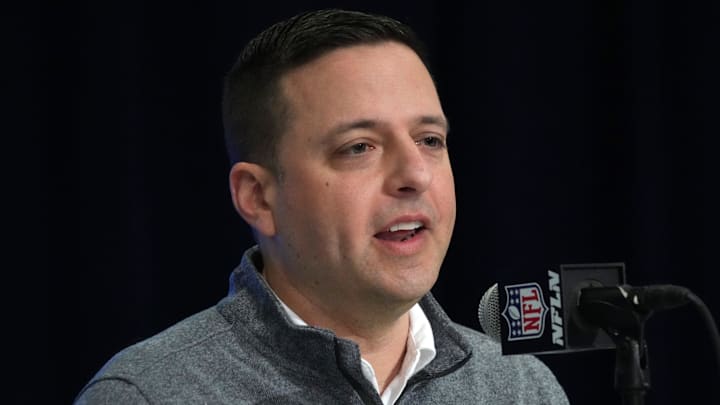 Feb 27, 2024; Indianapolis, IN, USA; New England Patriots director of scouting Eliot Wolf during the NFL Scouting Combine at Indiana Convention Center. Mandatory Credit: Kirby Lee-Imagn Images