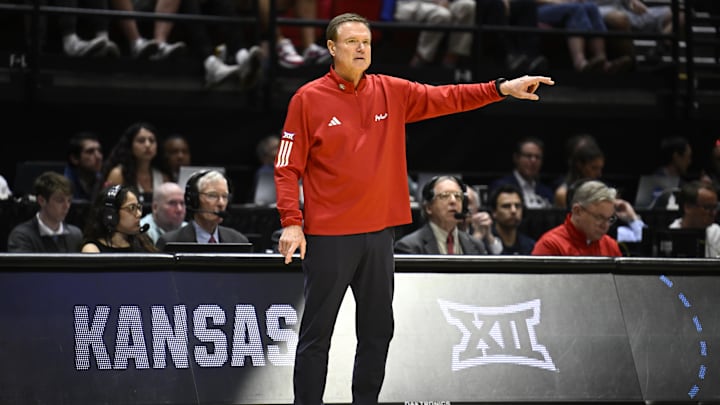 Mar 20, 2026; San Diego, CA, USA; Kansas Jayhawks head coach Bill Self looks on in the first half against the California Baptist Lancers during a first round game of the men's 2026 NCAA Tournament at Viejas Arena. Mandatory Credit: Denis Poroy-Imagn Images