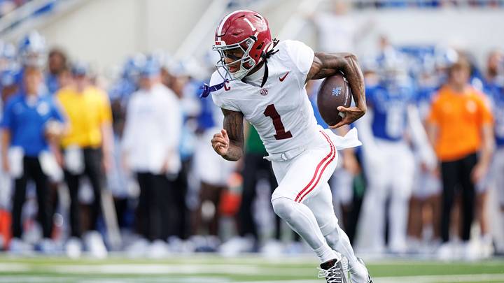 Sep 12, 2026; Lexington, Kentucky, USA;  Alabama Crimson Tide wide receiver Ryan Coleman-Williams (1) runs the ball during the second quarter against the Kentucky Wildcats at Kroger Field.  Mandatory Credit: Jordan Prather-Imagn Images