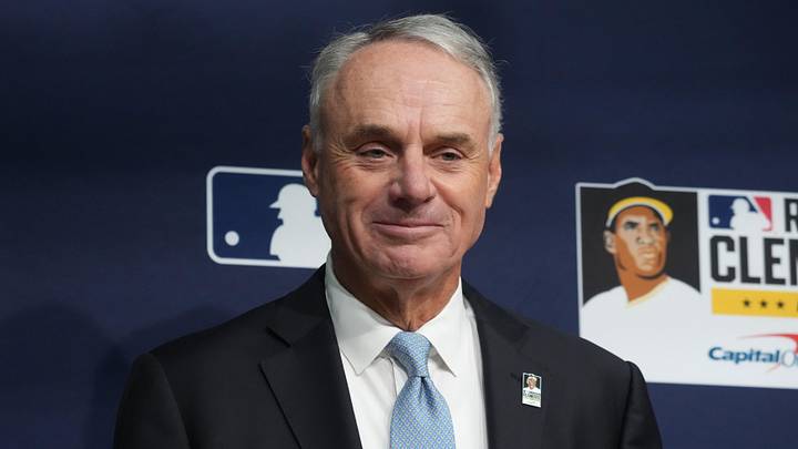 Oct 27, 2025; Los Angeles, California, USA; Major League Baseball commissioner Rob Manfred before game three of the 2025 MLB World Series between the Toronto Blue Jays and Los Angeles Dodgers at Dodger Stadium. Mandatory Credit: Kirby Lee-Imagn Images Oct 27, 2025; Los Angeles, California, USA; Major League Baseball commissioner Rob Manfred before game three of the 2025 MLB World Series between the Toronto Blue Jays and Los Angeles Dodgers at Dodger Stadium. Mandatory Credit: Kirby Lee-Imagn Images