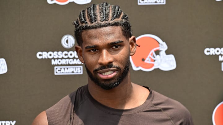 Jun 10, 2025; Berea, OH, USA; Cleveland Browns quarterback Shedeur Sanders (12) talk to the media during minicamp at CrossCountry Mortgage Campus. Mandatory Credit: Ken Blaze-Imagn Images
