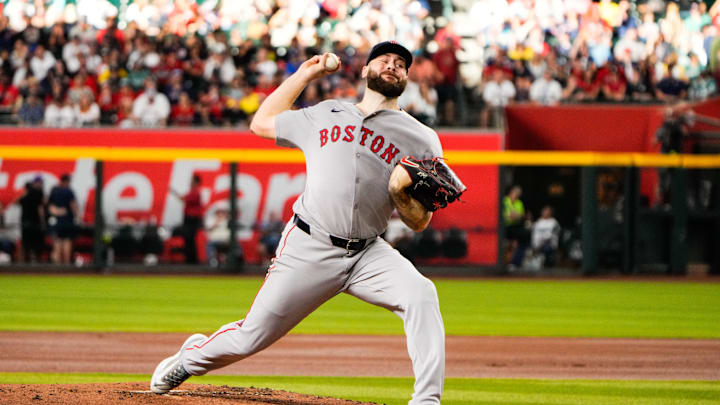 Sep 6, 2025; Phoenix, Arizona, USA;  Boston Red Sox pitcher Lucas Giolito (54) pitches against the Arizona Diamondbacks during the first inning at Chase Field. Mandatory Credit: Arianna Grainey-Imagn Images