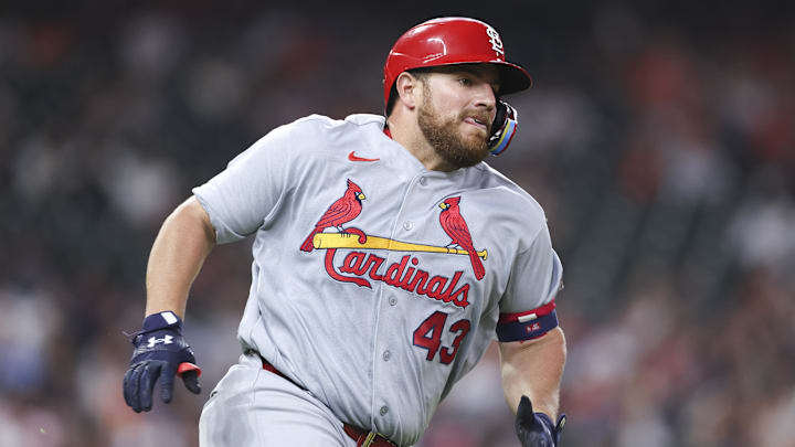 Apr 17, 2026; Houston, Texas, USA; St. Louis Cardinals catcher Pedro Pages (43) runs to first base on a hit during the fourth inning against the Houston Astros at Daikin Park. Mandatory Credit: Troy Taormina-Imagn Images