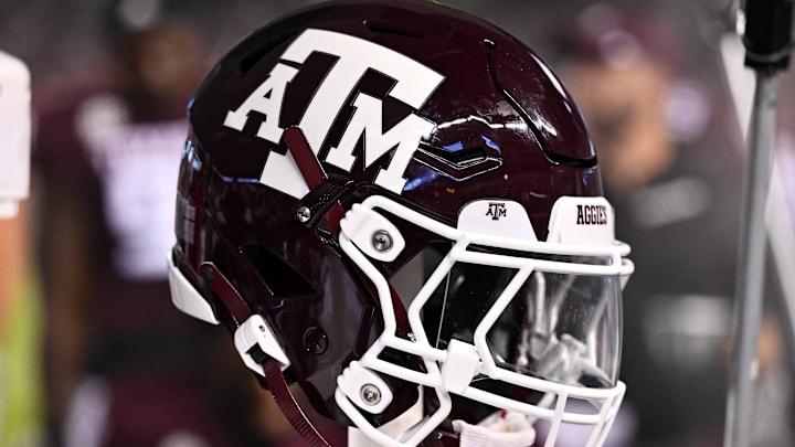 Sep 2, 2023; College Station, Texas, USA; A detailed view of a Texas A&M Aggies helmet on the